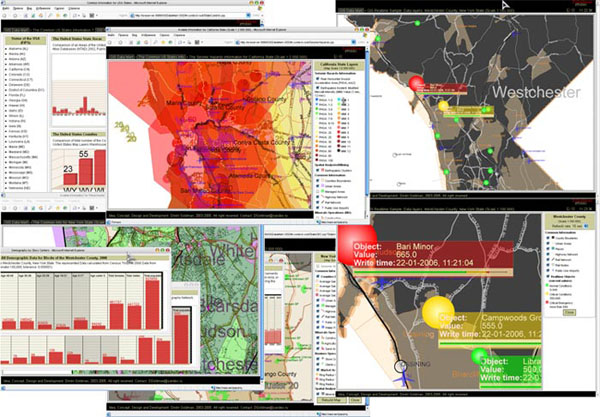 Fragments of the WEB-based Geoinformation Data Warehouse Prototype user interfaces (incl. WEB-GIS Real Time Subsystem)